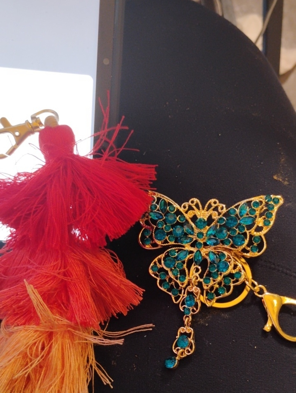 Blessing By Journey Gold Butterfly Keychain with Teal Crystals and Red Tassel